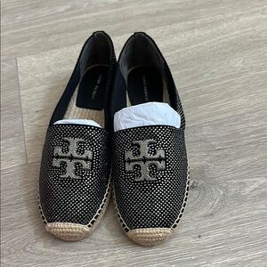 NWT. Tory Burch Black and silver rhinestones and cream Espadrilles.